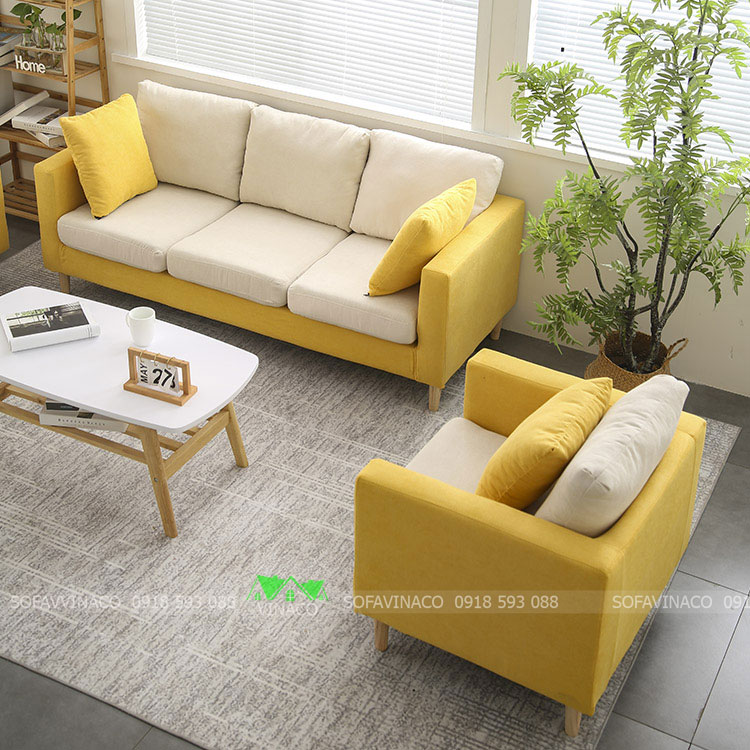 Bộ ghế sofa màu vàng hai ghế kiểu đơn giản